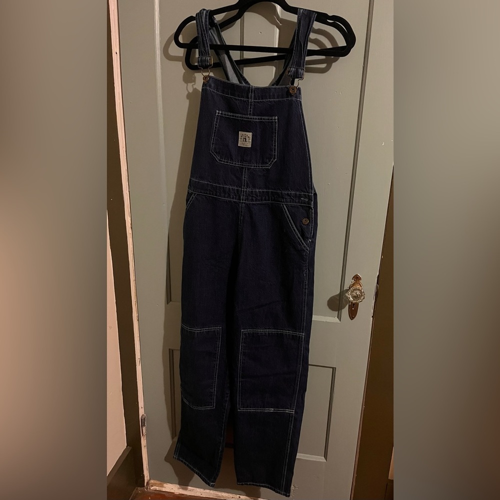 Hey Gang dark wash denim knee patch overalls.